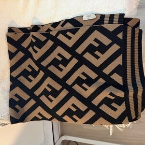 Fendi Black and Tan Patterned FF Wool Scarf